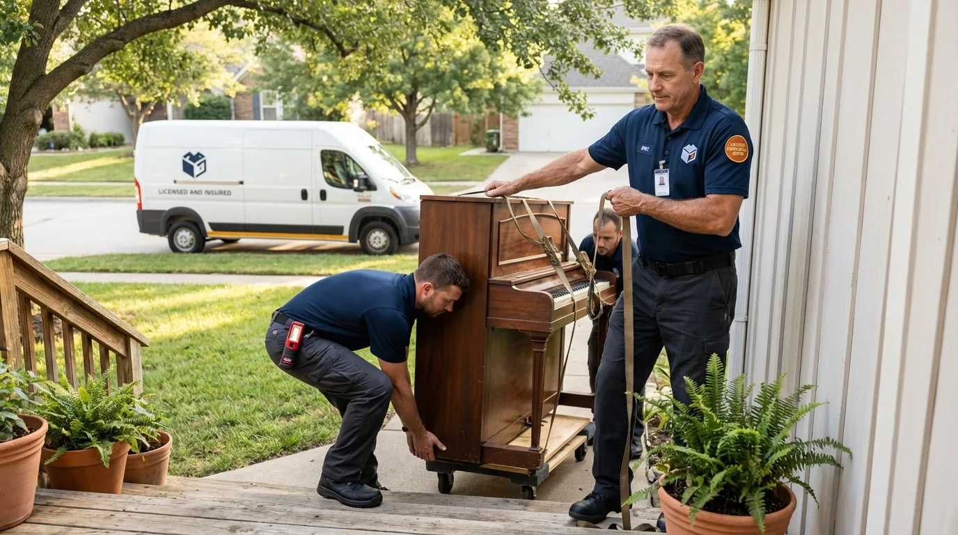 Licensed piano movers securing grand piano in Reno, NV