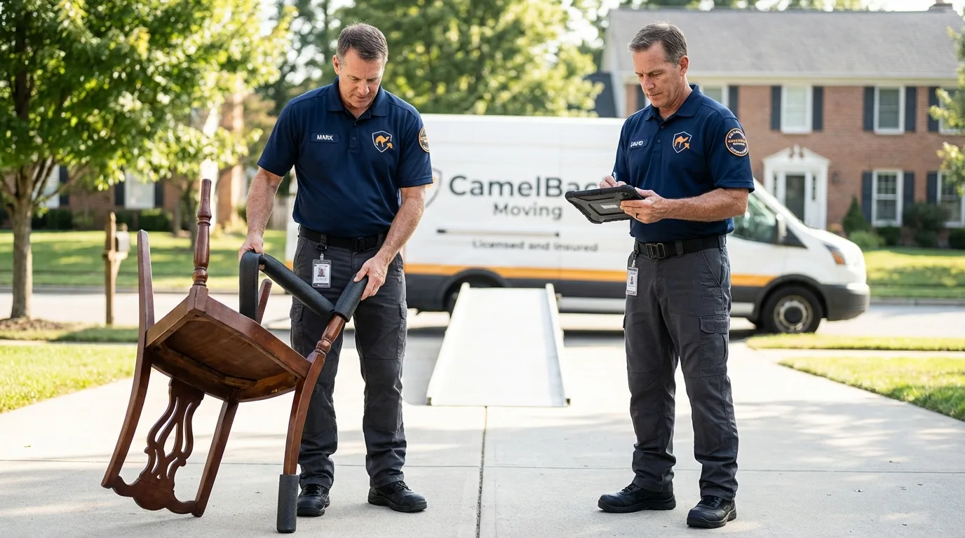 Movers inspecting furniture for damage prevention before loading in Reno, NV