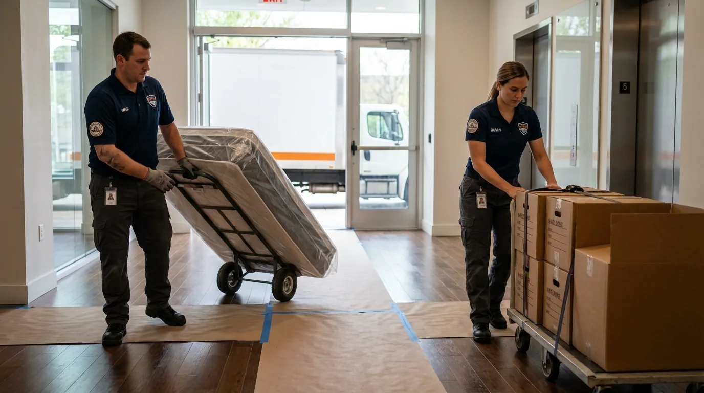 Professional apartment movers loading elevator in Reno, NV