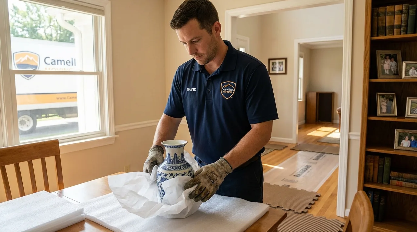 Professional crew carefully wrapping antique vase for senior downsizing move in Reno, NV